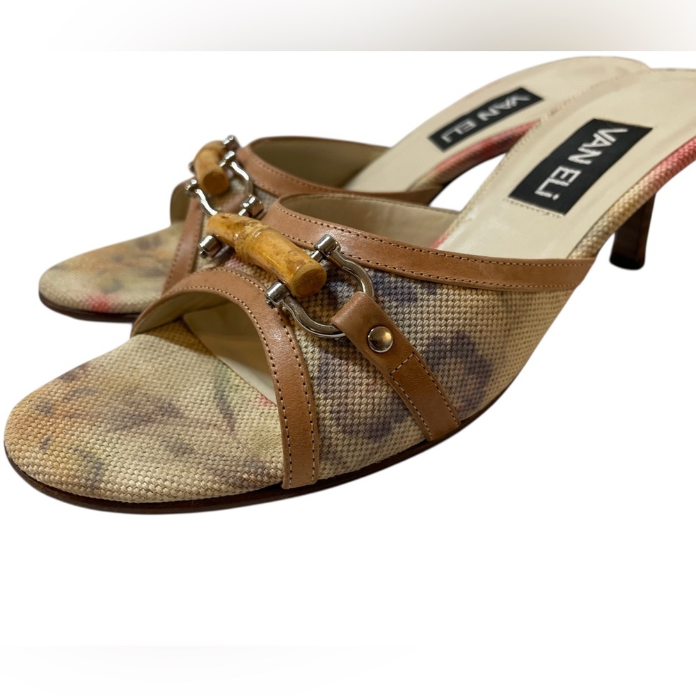 VANELI Tan/Beige Floral Canvas/Leather Slides Mules Heels Shoes - Size 8.5 Slim - Picture 6 of 16